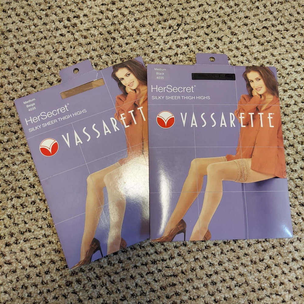 Vassarette HerSecret Silky Sheer Thigh Highs 4035‎ Beige Black Medium 2 Pair Lot